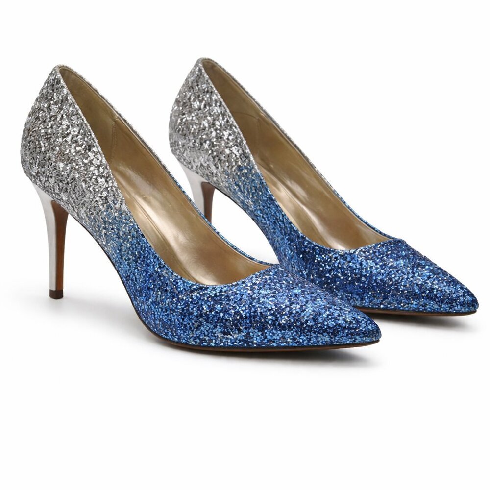 Creativesugar Ombre Glitter Heels Blue Silver Pointed Toe Pumps Size 42